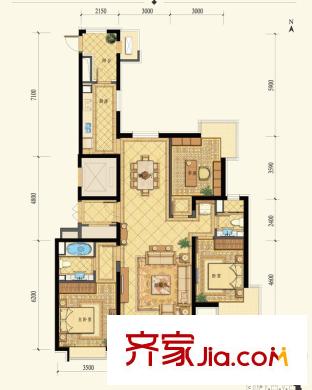 梧桐大道戶型圖四期星匯D2-B戶型 3室2廳2衛(wèi)1廚