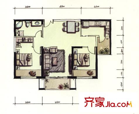 唐城壹零壹103號樓標(biāo)準(zhǔn)層A1戶型 2室2廳1衛(wèi)1廚