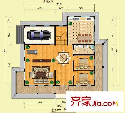 山水美居別墅B-3’戶型一層 2室2廳1衛(wèi)1廚