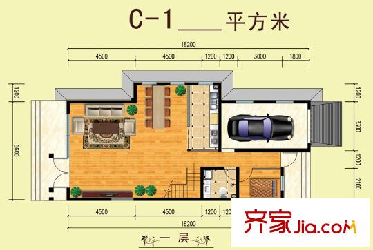 山水美居別墅C-1戶型一層 1室1廳1衛(wèi)1廚