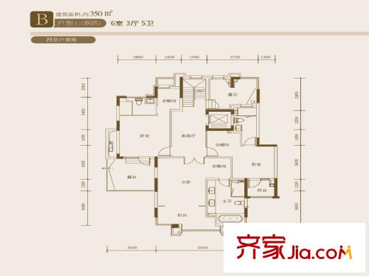 仁恒金沙府B戶型四層 6室3廳5衛(wèi)