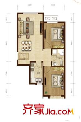 和泓陽光北岸2#樓標準層A4戶型 2室2廳1衛(wèi)1廚