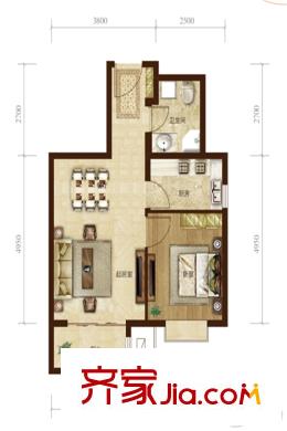 和泓陽光北岸2#樓標準層A3戶型 1室2廳1衛(wèi)1廚