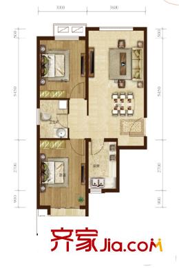 和泓陽光北岸2#樓標準層A1戶型 2室2廳1衛(wèi)1廚