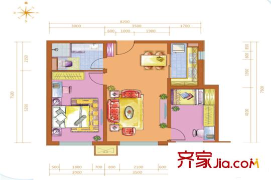 萬(wàn)科新里程5#樓標(biāo)準(zhǔn)層F戶型 2室2廳1衛(wèi)1廚