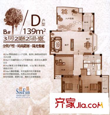 香樟林城市花園二期戶型圖B#D戶 3室2廳2衛(wèi)1廚