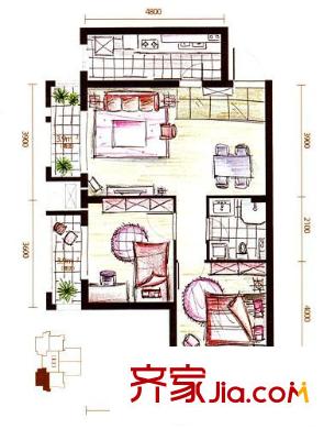 九州國際戶型圖1、3、4、6、7、8#樓標(biāo)準(zhǔn)層suite-A1戶型 2室2廳1衛(wèi)1廚