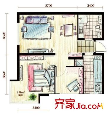 九州國際戶型圖4、6#樓16-34層suite-A2戶型 2室2廳1衛(wèi)1廚