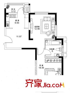 洛卡小鎮(zhèn)戶型圖一期1號樓標(biāo)準(zhǔn)層A1戶型圖 1室1廳1衛(wèi)1廚