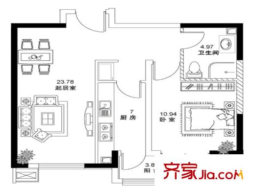 洛卡小鎮(zhèn)戶型圖一期1號樓標(biāo)準(zhǔn)層A戶型圖 1室1廳1衛(wèi)1廚