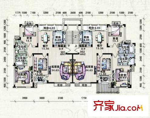 洛卡小鎮(zhèn)戶型圖一期4號樓3層AN戶型圖 3室2廳2衛(wèi)1廚