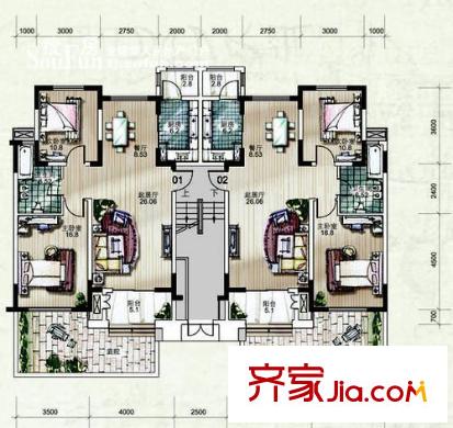 洛卡小鎮(zhèn)戶型圖一期3號樓1層S戶型圖 2室2廳1衛(wèi)1廚