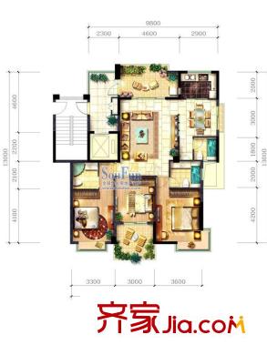 中聯(lián)江濱御景戶型圖E1戶型 3室2廳2衛(wèi)1廚