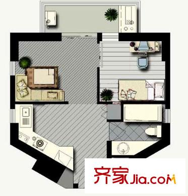 金領(lǐng)國(guó)際一期1號(hào)樓標(biāo)準(zhǔn)層A2戶型圖 1室1廳1衛(wèi)1廚