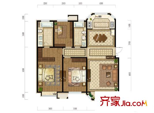 天房天拖三期1-4#樓標準層F戶型 4室2廳2衛(wèi)1廚