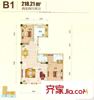海河新天法桐墅一期B座標準層B1戶型 2室2廳2衛(wèi)1廚