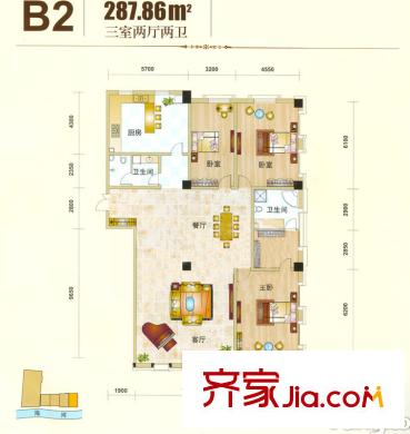 海河新天法桐墅一期B座標準層B2戶型 3室2廳2衛(wèi)1廚