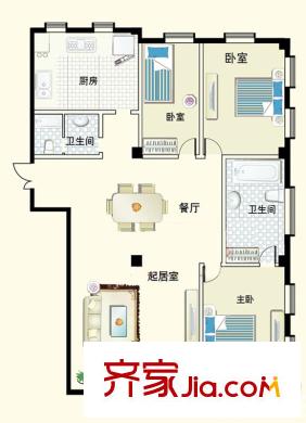 海河新天法桐墅一期A座標準層三室戶型圖 3室2廳2衛(wèi)1廚