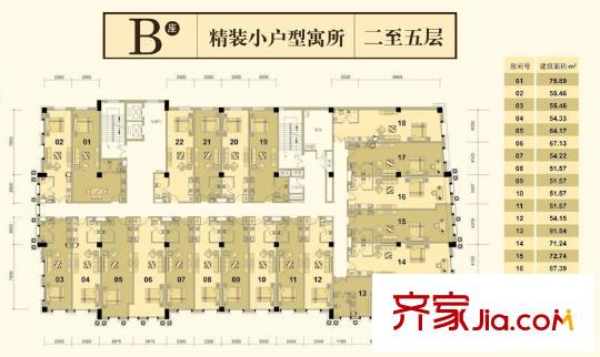 海河新天法桐墅一期B座2-5層樓層平面圖 