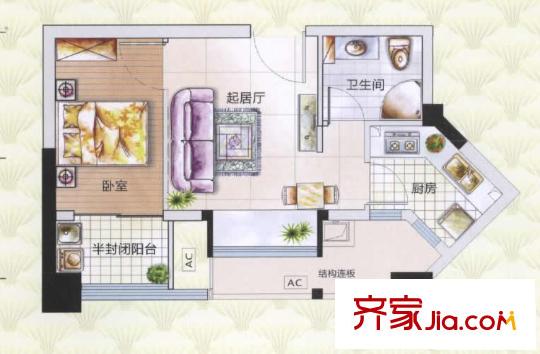 福晟錢隆首座戶型圖1、2#樓06、07單元A戶型 1室1廳1衛(wèi)1廚