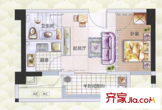 福晟錢隆首座戶型圖3#樓06、07單元 1室1廳1衛(wèi)1廚