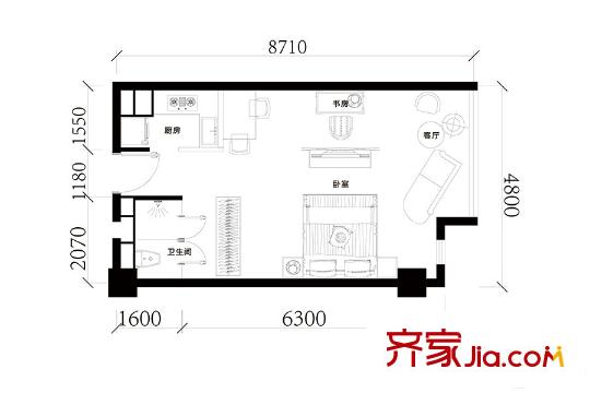 昆侖中心公寓標(biāo)準(zhǔn)層H戶型 1室1廳1衛(wèi)1廚