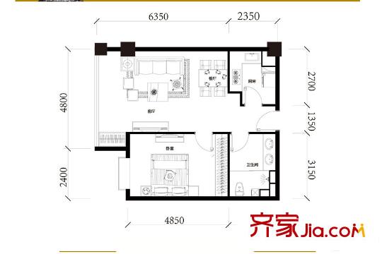 昆侖中心公寓標(biāo)準(zhǔn)層D戶型 2室1廳1衛(wèi)1廚