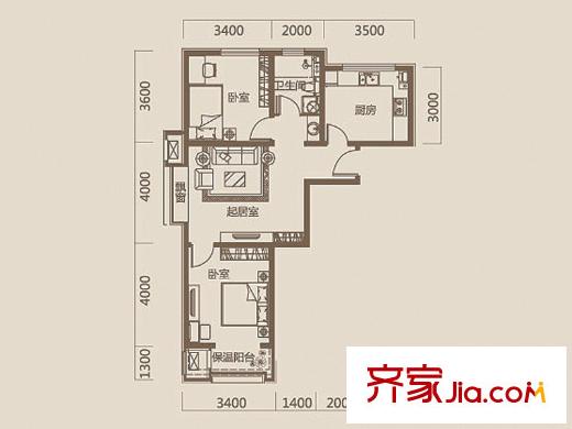 華城領秀三期5、9號樓標準層C2戶型圖 2室1廳1衛(wèi)1廚