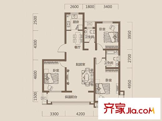 華城領秀三期1、2號樓標準層A1戶型圖 3室2廳2衛(wèi)1廚