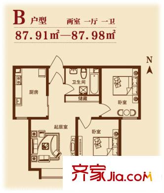 游龍逸海庭院二期公寓產(chǎn)品標(biāo)準(zhǔn)層B戶型 2室1廳1衛(wèi)1廚