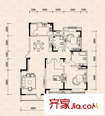 頤賢里洋房標(biāo)準(zhǔn)層三室戶型圖 3室2廳2衛(wèi)1廚