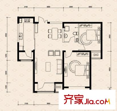 頤賢里高層標(biāo)準(zhǔn)層兩室戶型圖 2室2廳1衛(wèi)1廚