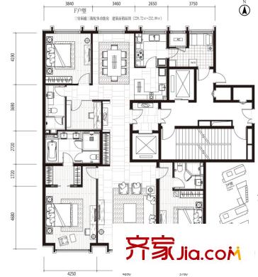 津瀾闕高層標(biāo)準(zhǔn)層F戶型 3室2廳3衛(wèi)1廚