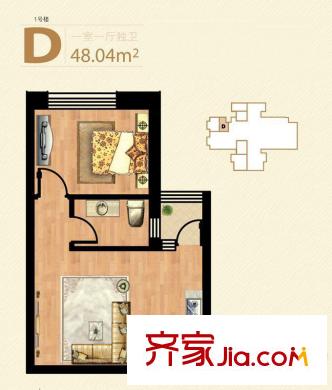 凱旋國際公寓1號(hào)樓標(biāo)準(zhǔn)層D戶型 1室1廳1衛(wèi)1廚