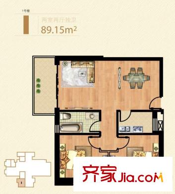 凱旋國際公寓1號樓標準層I戶型 2室2廳1衛(wèi)1廚