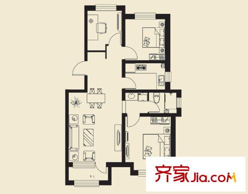 林語花園洋房標準層92.25平米戶型 3室1廳1衛(wèi)1廚