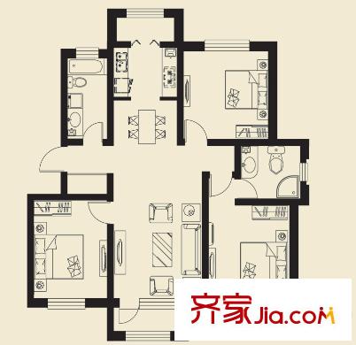 林語花園洋房標準層121.6平米戶型 3室1廳2衛(wèi)1廚