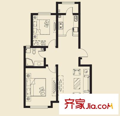 林語花園洋房標準層92.66平米戶型 2室1廳1衛(wèi)1廚