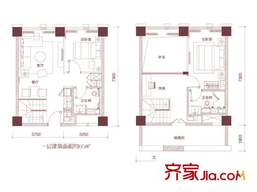天津科技廣場高層標準層LOFTS1戶型 2室2廳2衛(wèi)1廚