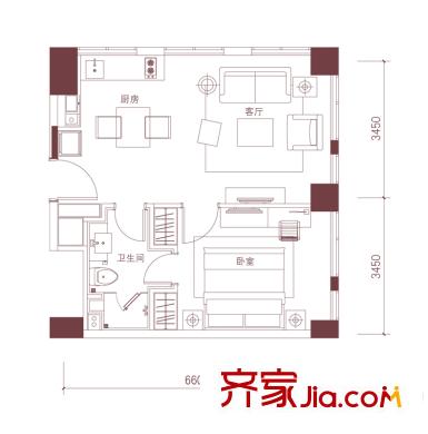 天津科技廣場公寓標準層B1A戶型 1室1廳1衛(wèi)1廚