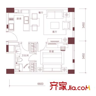 天津科技廣場公寓標準層B1戶型 1室2廳1衛(wèi)1廚