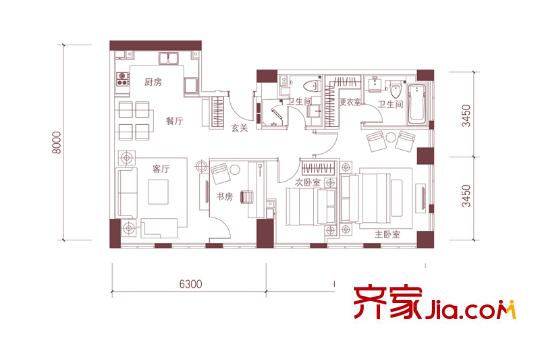 天津科技廣場公寓標準層C戶型 2室2廳2衛(wèi)1廚