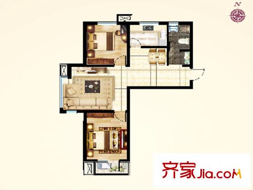 花溪畔高層標準層F戶型 2室2廳1衛(wèi)1廚