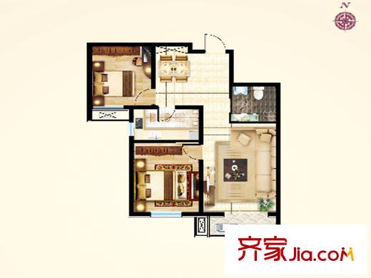 花溪畔高層標準層E戶型 2室2廳1衛(wèi)1廚