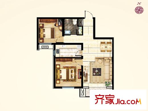 花溪畔高層標準層D戶型 2室2廳1衛(wèi)1廚