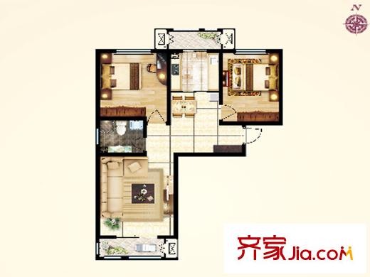 花溪畔高層標準層A戶型 2室2廳1衛(wèi)1廚