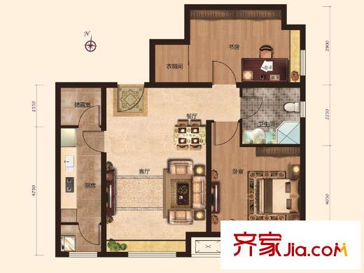 瞰海品筑高層標準層0205戶型 2室2廳1衛(wèi)1廚