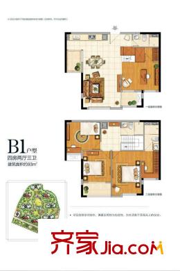 恒宇國(guó)際公園戶型圖1#/2#/5#/7#樓B1戶型面積約93平米 4室2廳3衛(wèi)
