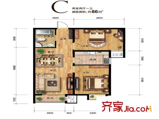 中山八號中山8克拉高層2號樓標準層C戶型 2室2廳1衛(wèi)1廚