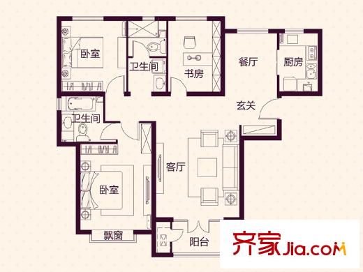 藍(lán)湖郡瞰景洋房標(biāo)準(zhǔn)層A戶型 3室2廳2衛(wèi)1廚